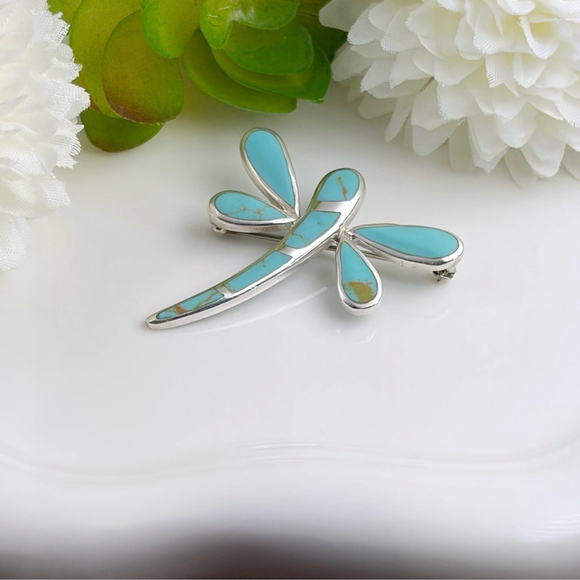 Dragonfly Butterfly Vintage Pendant Brooch Sterling Silver 925 Turquoise Inlay - Picture 7 of 10